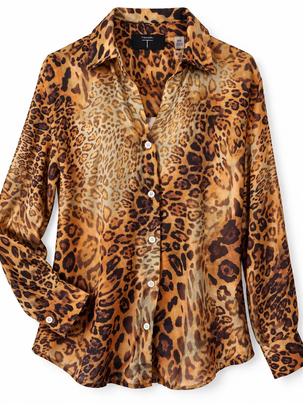 Tahari Leopard Print Button Front Blouse Size Medium Silky Animal Print